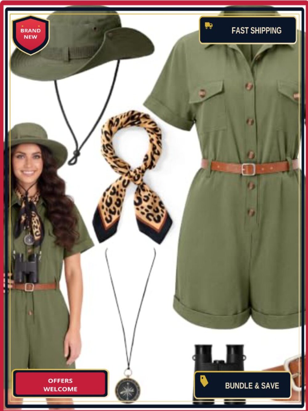 Safari Zookeeper Costume Set 6 Pc Overalls Hat Belt Scarf Compass Telescope